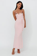 Rose Garden Floral Applique Laced Midi Dress Baby Pink