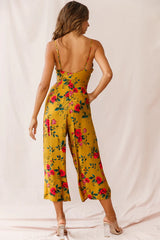 Call Me Wide-Leg Tied Bust Jumpsuit Floral Print Mustard