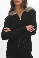 Odetta Fur Collar Knit Top Black