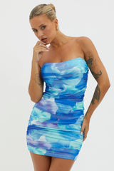 Logan Strapless Ruched Dress Floral Blue