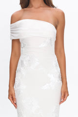 Gala One-Shoulder Maxi Dress Embellished White