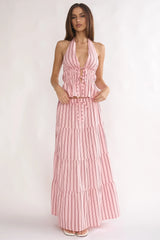 Under The Moons Tied Front Halter Top Stripe Pink