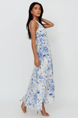 Perla V-Neck Drawstring Maxi Dress Floral Blue