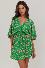 Sugar Coat Print Puff Sleeves Mini Dress Green