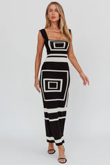 Stargazing Square Print Knit Maxi Dress Black