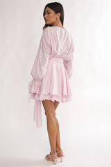 Maeva Long Balloon Sleeve Rosette Mini Dress Baby Pink