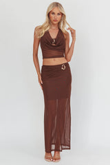 Paullina Gold Buckle Mesh Maxi Skirt Brown
