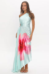 Amelie One-Shoulder Accordion Pleat Maxi Dress Hibiscus Mint