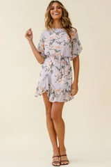 Azealia Ruffle Hem Dress Flower Print Purple