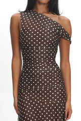 Lylah Asymmetric Neckline Mesh Maxi Dress Polka Dot Chocolate