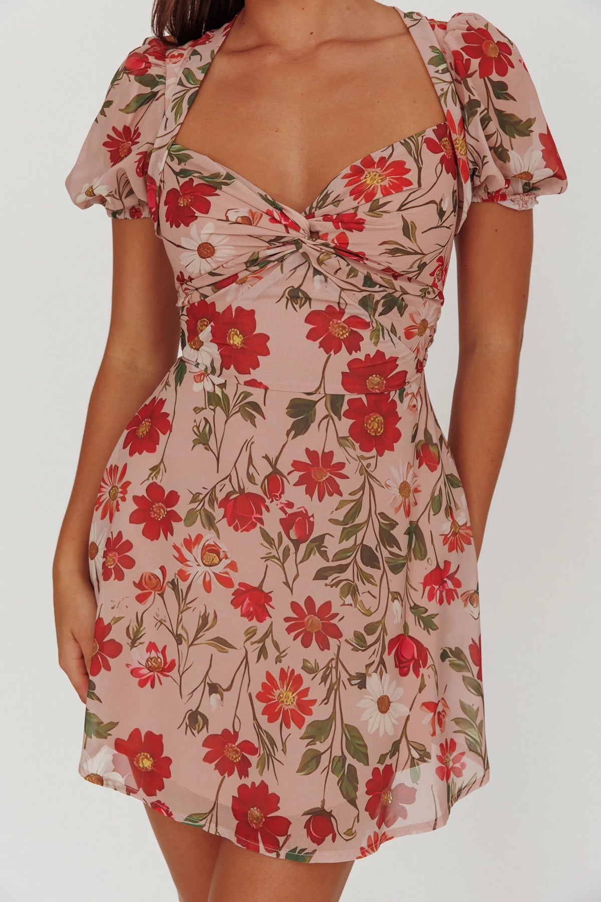 Dillon Twist Bust Mini Dress Floral Beige