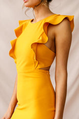 Jackie Wide Ruffle Hem Pinafore Midi Dress Mustard