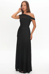 Lylah Asymmetric Neckline Mesh Maxi Dress Black