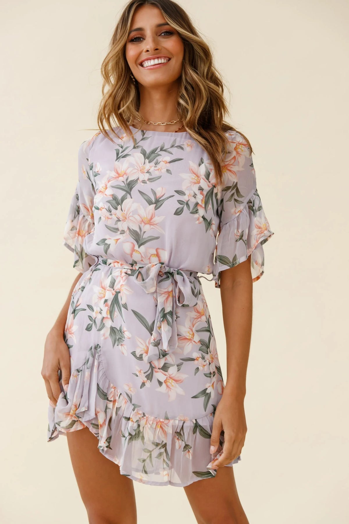 Azealia Ruffle Hem Dress Flower Print Purple