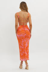 Dream Crush Lace-Up Back Side Split Maxi Dress Swirl Orange