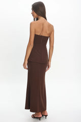 Vicci Strapless Flared Waist Maxi Dress Chocolate