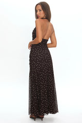 She's The Moment Plunging Halter Maxi Dress Polka Dot Brown