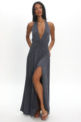 Italia Azure Gathered Waist Maxi Dress Charcoal