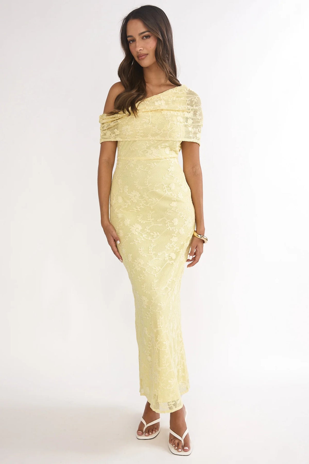 Elita Asymmetric Neckline Lace Maxi Dress Lemon